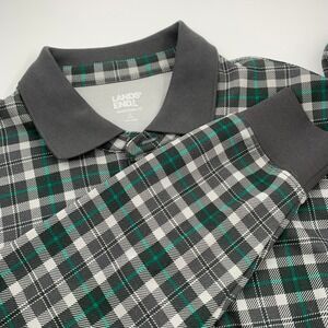 Lands End Long Sleeve Polo Mens Large Grey Green Plaid Excellent Traditional Fit